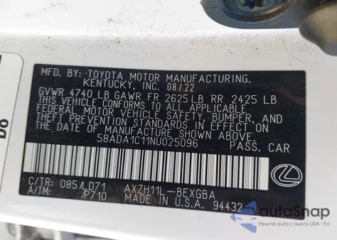 2022 Lexus Es 300H from USA, damaged, VIN 58ADA1C11NU025096